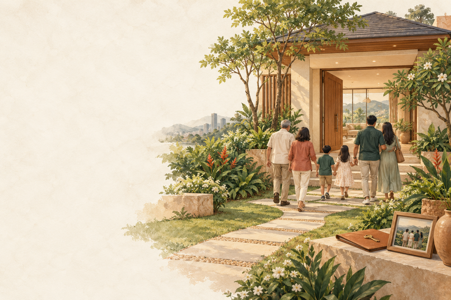 A multigenerational family walking toward their home through a garden path